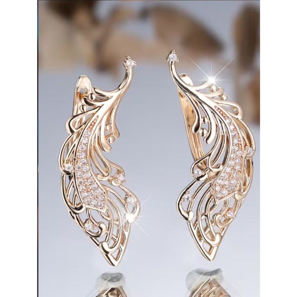 NWT KC Gold Plated Copper Peacock Feather CZ Drop Earrings